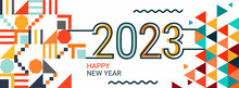 Happy New Year Banner With Modern Geometric Abstract Background In Retro Style. Happy New Year 2020 Greeting Card Design Includes Colorful Abstract Shapes. Illustration