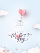 Mother's day postcard with paper flying elements and gift box on blue sky background. Vector symbols of love in shape of heart for greeting card design