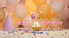 Beautiful Background Happy Birthday Number 64 With Burning Candles, Birthday Candles Pink Letters For Sixty Four Years. Festive Background With Balloons