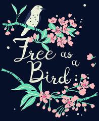 Wall Mural - Bird on blooming branches vector print design for kids. Baby, kids, t-shirt print, fashion print design, kids wear, poster, wallpaper, celebration, greeting and invitation.