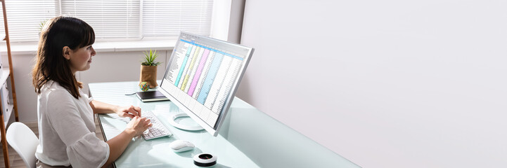 Poster - Businesswoman Analyzing Data On Computer