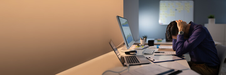 Poster - Stressed Accountant Working Late In Office