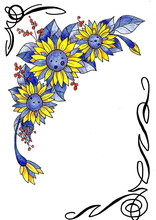 Postcard Yellow-blue Flowers And Asymmetric Black Frame On A White Background
