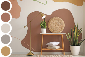 Canvas Print - Interior of modern room with table, lamp and houseplants. Different color samples