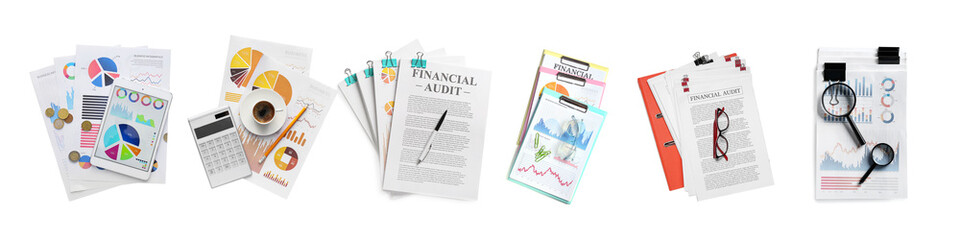 Set of documents and stationery isolated on white
