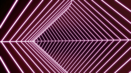 Poster - Fast moving triangular tunnel. Design. Triangular swirling tunnel with neon lines. Cyber jump in neon tunnel with stripes