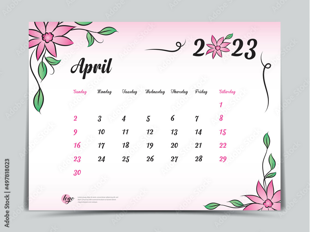 Calendar 2023 Template On Pink Flowers Background, April 2023 Template