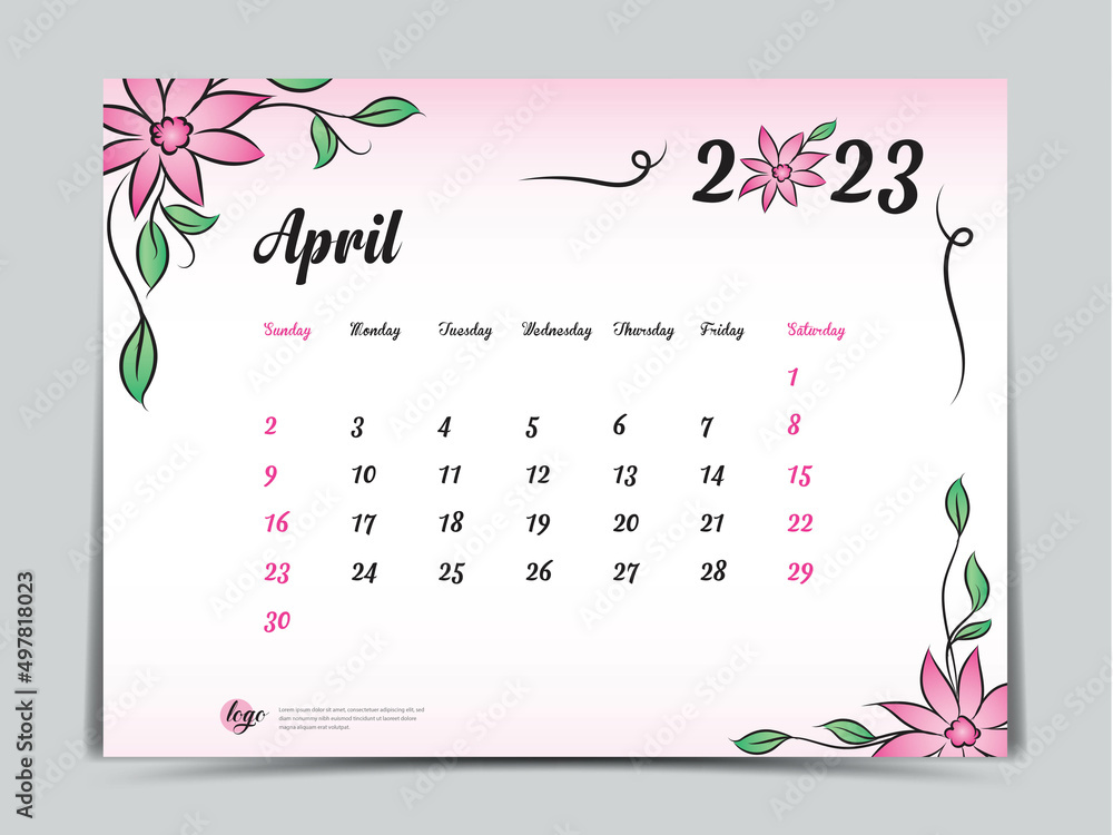 Calendar 2023 Template On Pink Flowers Background April 2023 Template 