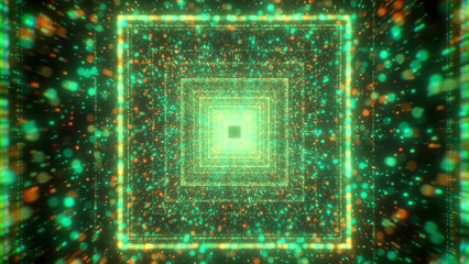 Poster - Moving in square cyber tunnel with particles. Motion. Glowing particles in tunnel with neon squares. Square spatial tunnel with flow of colorful particles