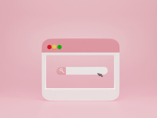 Poster - 3D rendering, 3D illustration. Minimal video media player Interface with Search bar on pink background. Concept of searching internet data and web browsing