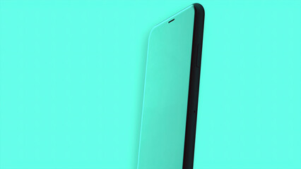 Poster - 3D model of phone on isolated background. Motion. Touch screen of phone reflects bright background. Bright colors of new phone model