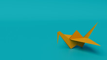 Yellow Origami Bird. Clean Design With Turquoise Background And Copy Space.