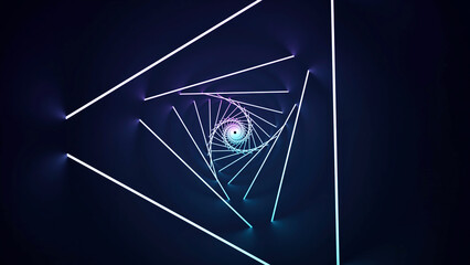 Poster - Geometric spiral of 3d neon stripes. Design. Lamps in 3d tunnel rotate in spiral. Neon lamps rotating in spiral are connected in triangles