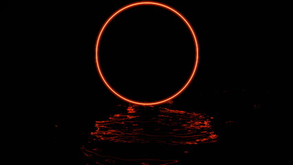 Poster - Neon ring with reflection in water on black background. Design. Beautiful ring glows above dark water. Ripples of water with reflected light from circle