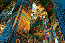 Saint Petersburg Russia. Russian Orthodox Church Of The Saviour On Spilled Blood. Interior Mosaics Beneath The Central Dome