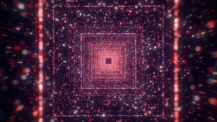 Poster - Space tunnel with square neon lines. Motion. Beautiful tunnel with bright colorful particles and neon squares. Dive into a space portal with luminous particles
