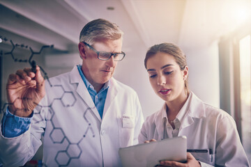 Canvas Print - It all starts with an equation. Shot of two focused scientists working together solving equations on a glass wall in a laboratory.