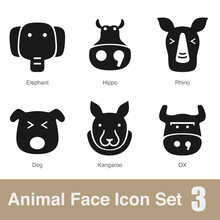 Animal Face Flat Design Icons, Vector Black Illustration