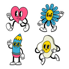 Wall Mural - Trendy abstract cartoon. Comic heart, flower, pencil and egg with cheerful facial expression, arms and legs