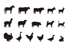 Livestock, Farm Animals And Their Kids, Black Icons Set, Vector Illustration
