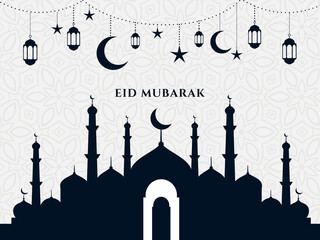 Beautiful Islamic Eid Mubarak festival Islamic mosque background with lanterns and moon stars