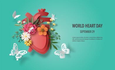 World Heart Day concept, beautiful flowers, leaves, and butterflies decorate the human heart, paper illustration, and 3d paper.