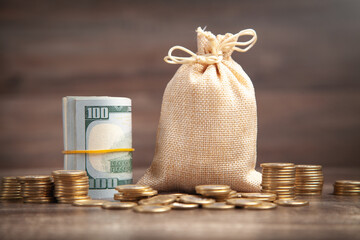 Wall Mural - Stack of coins, dollar banknotes and money bag. Finance. Saving. Economy