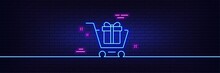 Neon Light Glow Effect. Shopping Cart With Gift Box Line Icon. Present Or Sale Sign. Birthday Shopping Symbol. Package In Gift Wrap. 3d Line Neon Glow Icon. Brick Wall Banner. Vector