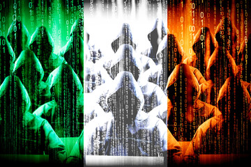 Anonymous hooded hackers, flag of Ireland, binary code - cyber attack concept