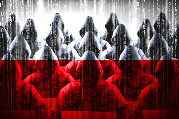 Anonymous hooded hackers, flag of Poland, binary code - cyber attack concept