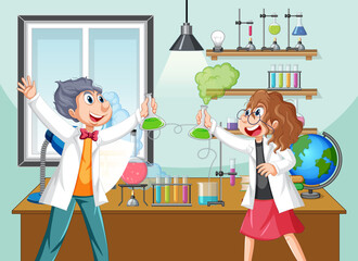 Wall Mural - classroom scene with scientist doing experiment