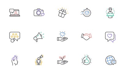 Wall Mural - Brand ambassador line icons. Influence people, Megaphone and Representative. Handshake, influencer marketing person, ambassador person icons. Linear set. Bicolor outline web elements. Vector