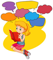 Wall Mural - speech bubble template with girl reading book