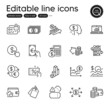 © blankstock - Set of Finance outline icons. Contains icons as Sale tags, Cashback card and Card elements. Finance, Wallet, Loan percent web signs. Dollar exchange, Tickets, Finance calculator elements. Vector