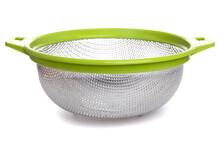 Aluminum Colander With Plastic Light Green Handles On A White Isolated Background
