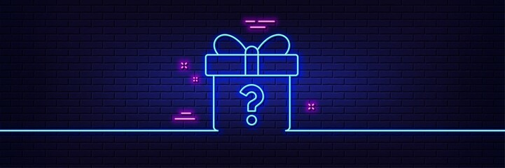 Poster - neon light glow effect. gift box with question mark line icon. present or sale sign. birthday shoppi