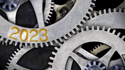 Poster - Tooth wheels in forward and backward rotation with number 2023 incoming and 2022 passing. New Year concept. High quality 4k video.