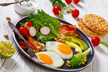 Poster - fried eggs, lettuce, avocado, radish, peanuts, ham