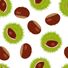 Edible sweet chestnuts background. Seamless pattern with peeled and green-skinned chestnuts with burrs on white. Vector cartoon illustration.