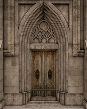 Gothic Stone Arch Around Old Wooden Door Entrance To Church Or Large House. 3D Rendering.