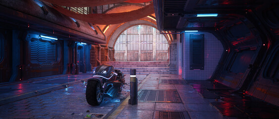 Wall Mural - Futuristic motorbike parked in a dark moody cyberpunk style city street at night. 3D illustration.