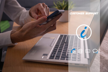 Poster - businessman holding smartphone to contact the customer support
