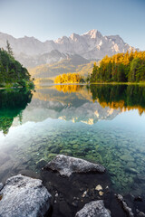 Sticker - Breathtaking views of the famous Lake Eibsee in the sunlight. Garmisch-Partenkirchen, Bavarian alp.