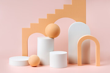 Wall Mural - abstract background with various geometrical forms and podiums in pastel color for product presentat