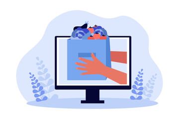 Poster - Hands holding food in paper bag from online grocery store. Computer screen with supermarket website flat vector illustration. Ecommerce, delivery, online shopping concept for banner or landing page