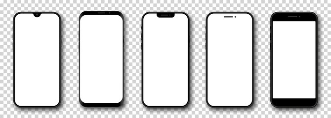Wall Mural - Smartphone mockup set. 3d Mobile phoe models. Front view. Phones with white screen and shadow on transparent background