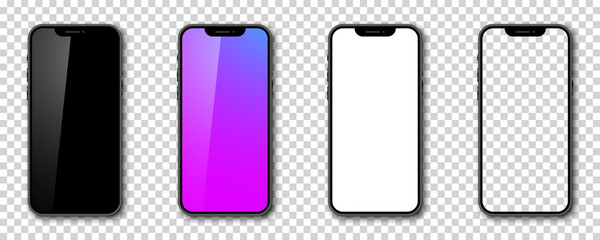 Wall Mural - Smartphone mockup set. 3d Mobile phoe models. Front view. Phones with shadow on transparent background