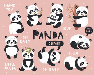 Poster - Panda set hand drawn style. Vector illustration.