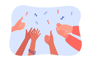 Wall Mural - Hands clapping and giving thumbs up. Crowd of diverse people applauding, audience cheering flat vector illustration. Success, celebration, support concept for banner, website design or landing page