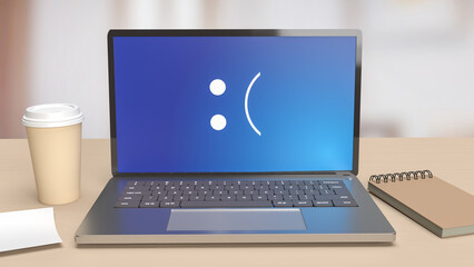 Wall Mural - The laptop on wood table showing  blue screen error   3d rendering